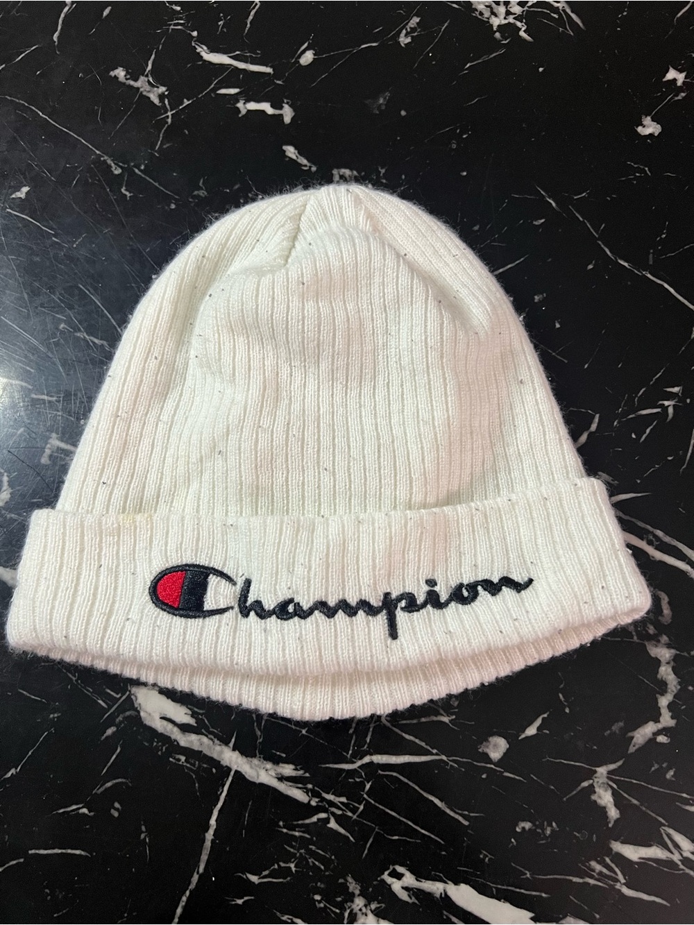 Champion Kids White Beanie with Red & Navy Logo